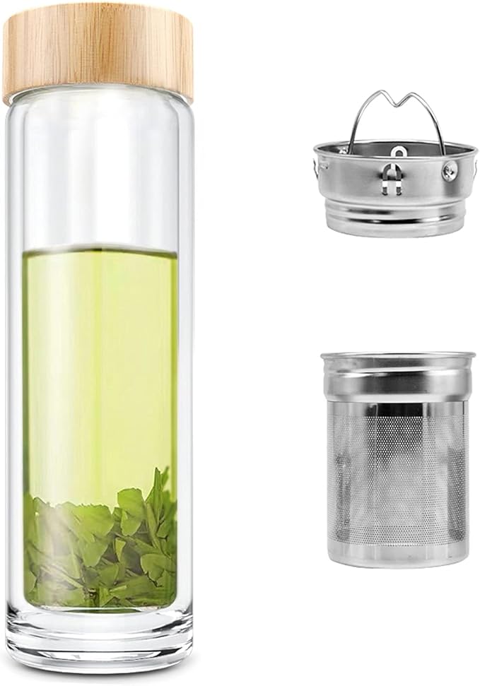 Tea Bottle, 14 oz, Borosilicate Glass, Double Wall, Infuser & Strainer, Bamboo Lid