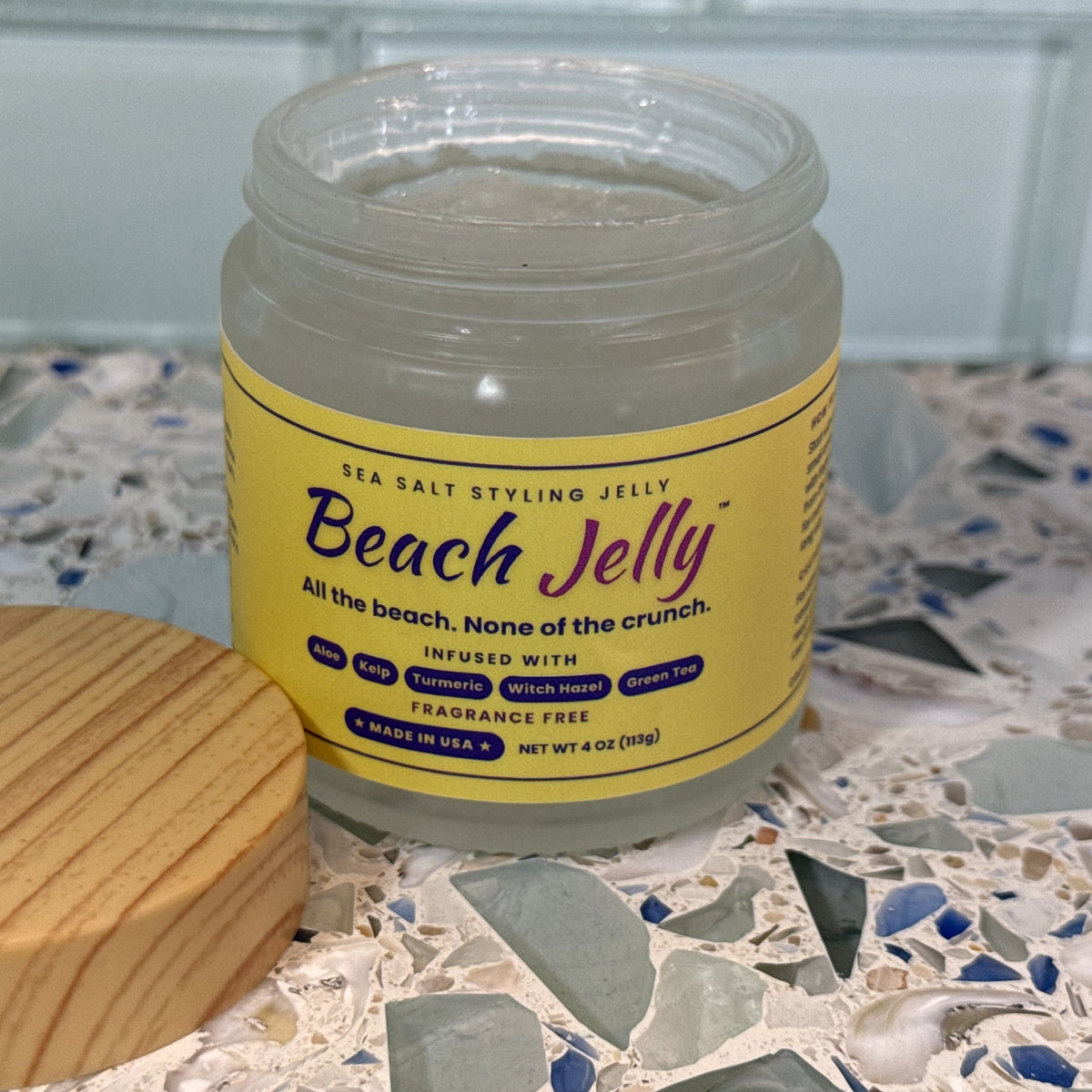 Open jar of Beach Jelly sea salt styling jelly